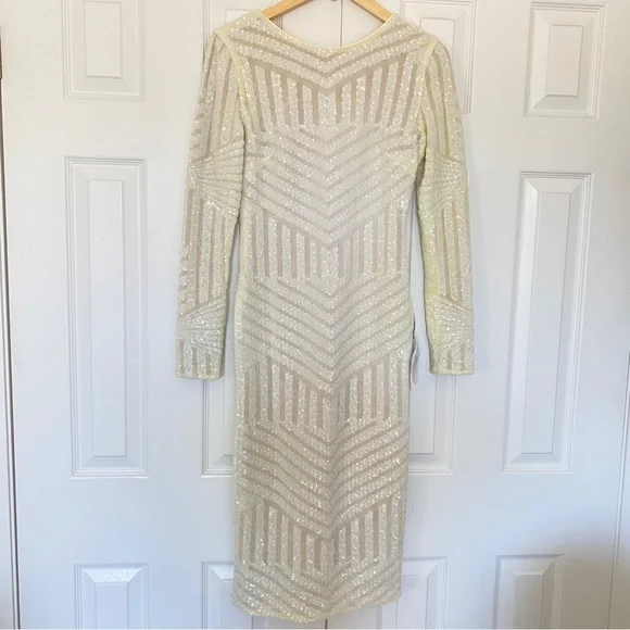 Dress the Population Cream Embellished V-Neck Bodycon Dress